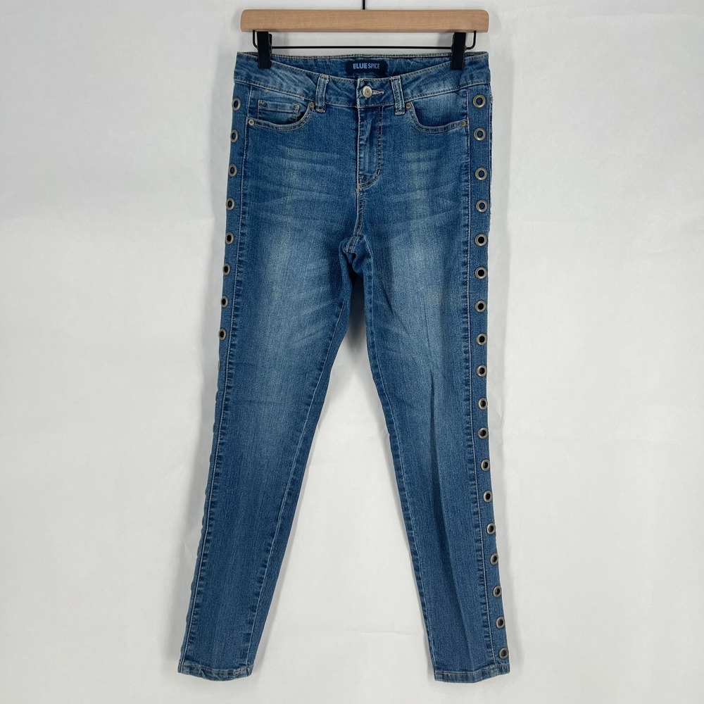 Blue Spice Jeans Womens 7/8 Denim Cotton Blend Stretch Side Leg Grommets Skinny